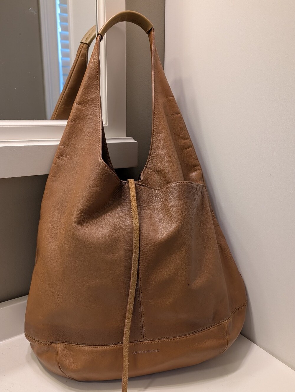 🤎 Vintage Lucky Brand Mia Classic Leather Hobo Shoulder Satchel Bag in Cognac - Picture 5 of 16